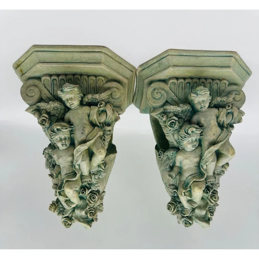Wangs International Cherub Corbel Wall Shelf Pair Verdigris Resin WMC13
